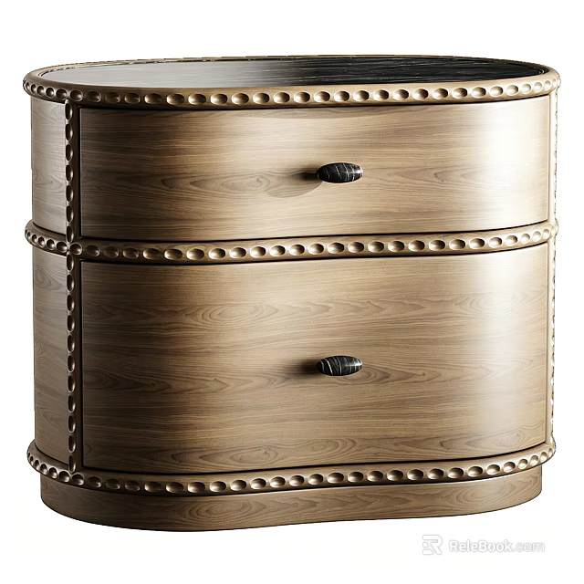 Classic Curved Wooden Two Drawer Nightstand With Exquisite Nailhead Trim For Stylish Bedroom Storage 3d model 