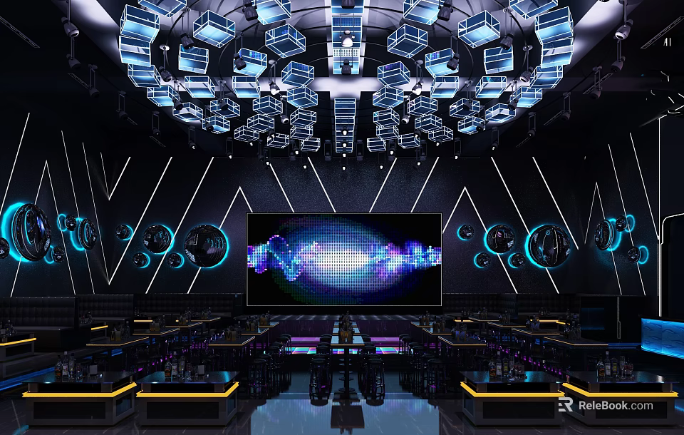 Stylish Bar Interior With Monochrome Geometric Lines Hanging Blue Lights Large Screen And Tables 3d model 
