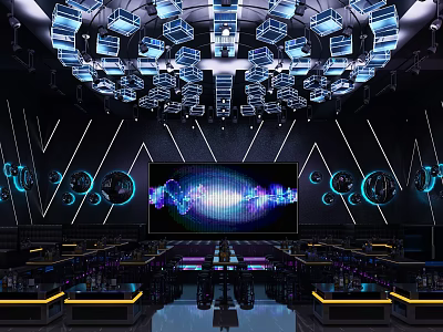 Stylish Bar Interior With Monochrome Geometric Lines Hanging Blue Lights Large Screen And Tables 3d model