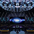 Stylish Bar Interior With Monochrome Geometric Lines Hanging Blue Lights Large Screen And Tables