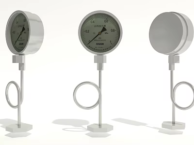 Three Hardware Pressure Gauges With Stainless Steel Body Circular Dial And Metal Stand 3d model