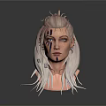 3D Rendered Fantasy Game Movie Character With Pink White Hair Blue Facial Markings And Earrings