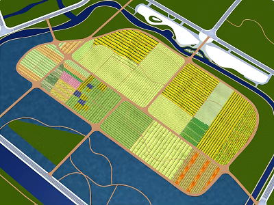 Aerial View Of Colorful Farm Fields Scenic Landscape With Water Channels 3d model