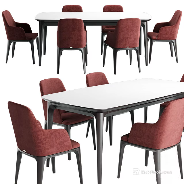 Modern Dining Table Set With White Tabletop And Red Upholstered Chairs 3d model