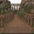 Tall Palm Trees Surrounding Ancient Stone Bridge With Elephant Statues Stone Pillars And Rocky Terrain
