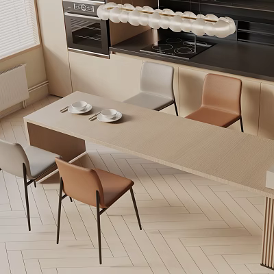 Modern Dining Table Set With Beige Surface Gray And Brown Upholstered Chairs 3d model