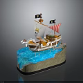 Pirate Ship Model With Wooden Hull Sails Jolly Roger Flags And Blue Water Base