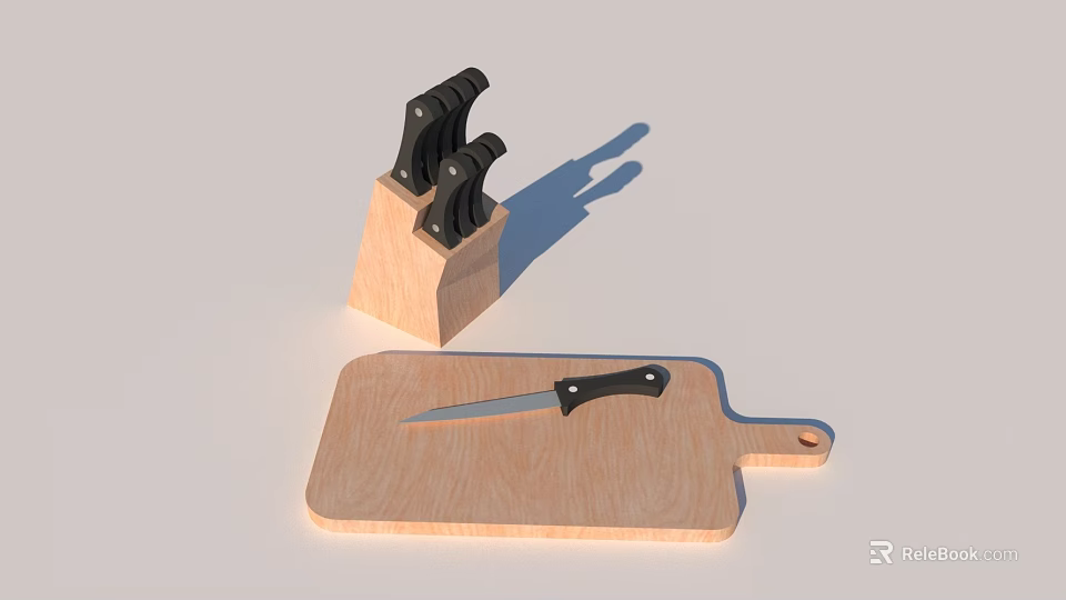 Wooden Kitchenware Set With Knife Block Cutting Board And Sharp Knives 3d model 