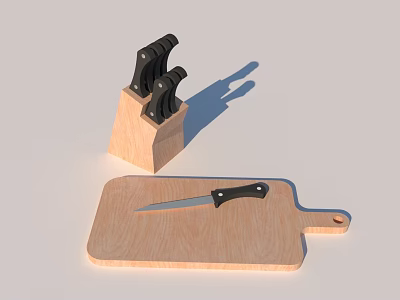 Wooden Kitchenware Set With Knife Block Cutting Board And Sharp Knives 3d model