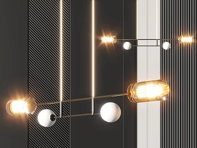 Modern Chandelier Design With Golden Metal Frame Spherical Accents And Illuminated Bulbs 3d model