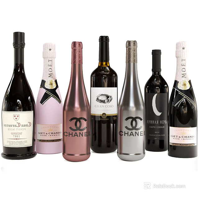 Various Luxury Wine Bottles Featuring Chanel Moet Chandon Pink Silver And Black Designs 3d model 