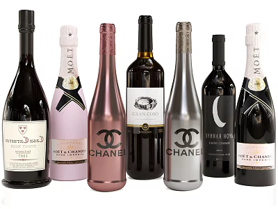 Various Luxury Wine Bottles Featuring Chanel Moet Chandon Pink Silver And Black Designs 3d model