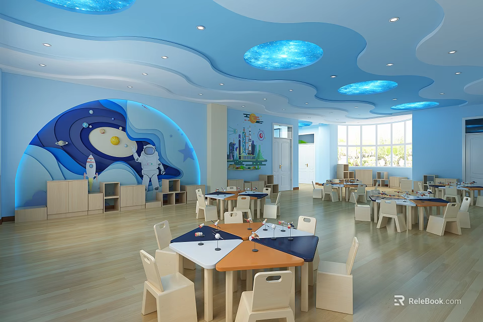 School Classroom Interior With Blue Cloud Shaped Ceiling And Cartoon Wall Murals 3d model