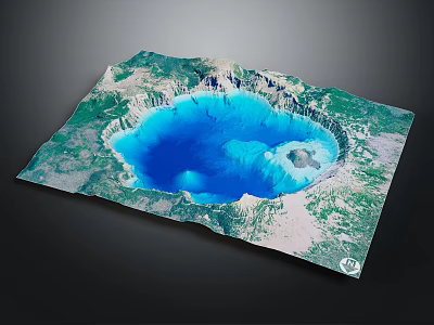 Natural Scenic View Of Blue Volcanic Crater Lake With Green Surroundings And Small Island 3d model