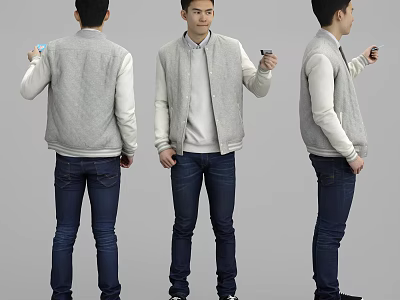 Man in Gray Jacket With White Sleeves Blue Jeans Holding Mobile Phone Different Angles 3d model