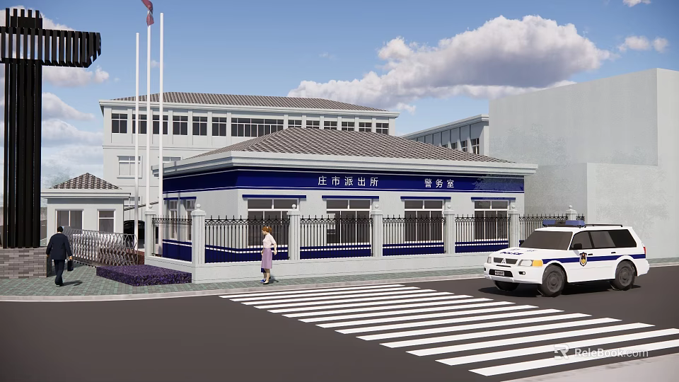 China Border Inspection Station Police Office Building Exterior With Police Vehicle And Staff 3d model 