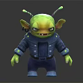 Green Alien Character Figure With Antennae Blue Jacket And Pants Front And Back View 3d model