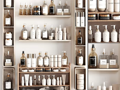 Laundry And Daily Essentials Organized On Shelves With Various Bottles And Containers 3d model