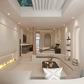 Elegant Modern Hotel Room Interior With Sofa Coffee Table Fireplace And Archway Plants