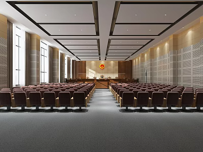 Courtroom Interior Design With Rows Of Seats Judges Bench Official Emblem And Ceiling Lighting 3d model