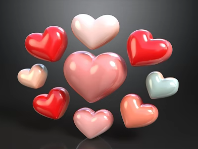 Colorful Heart Shapes in Red Pink White and Light Blue on Dark Background 3d model