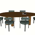 Oval Brown Dining Table Set With Six Light Blue Chairs And Black Legs 3d model