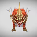 Game and Movie Mythical Creature Character With Red Fur Golden Horned Armor And Long Tail