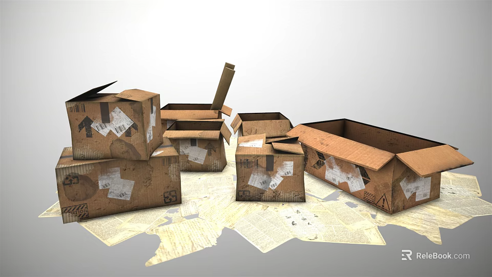 Used Cardboard Boxes Open and Stacked with Scattered Papers Around 3d model