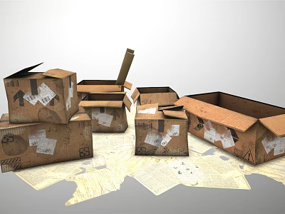 Used Cardboard Boxes Open and Stacked with Scattered Papers Around 3d model