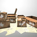 Used Cardboard Boxes Open and Stacked with Scattered Papers Around 3d model