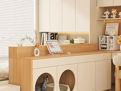 White And Wooden Entryway Side Cabinet With Cat Holes Tablet Green Plant Decor 3d model