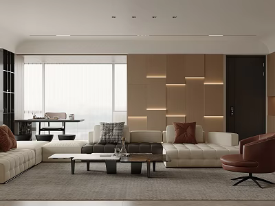 Modern Living Room Interior Design With Large Windows White Sofa And Wooden Wall 3d model