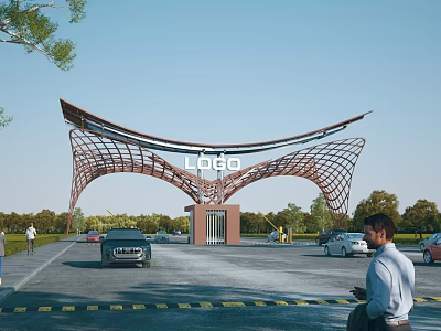 Modern Entrance Gate with Curved Steel Frame Central Logo Surrounded by Trees and Cars 3d model