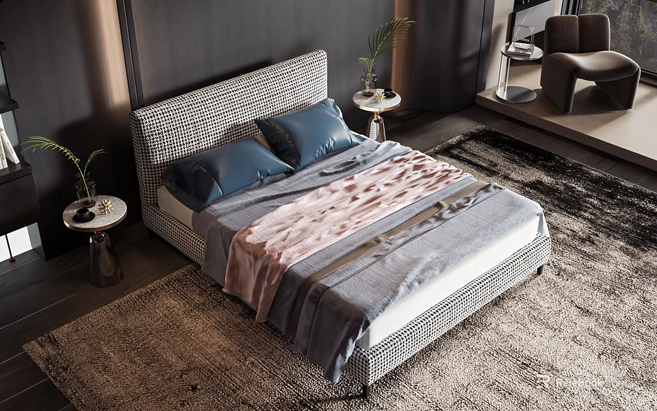 Modern Double Bed With Wicker Headboard Blue Pillows Pink Blanket And Area Rug 3d model 