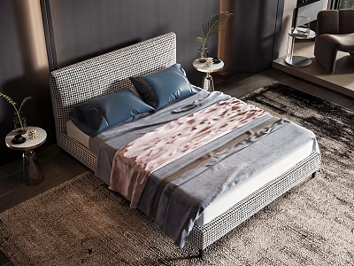 Modern Double Bed With Wicker Headboard Blue Pillows Pink Blanket And Area Rug 3d model