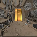 Desert Cave Interior Featuring Sand Rocks Equipment Cables And Orange Light Exit