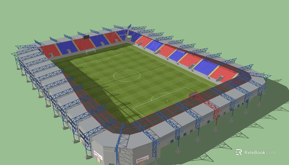 Football Stadium 3D Model Featuring Green Grass Red Blue Seats and Roof Structure 3d model 