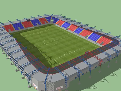 Football Stadium 3D Model Featuring Green Grass Red Blue Seats and Roof Structure 3d model