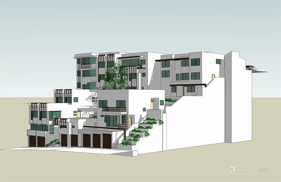 Modern Stepped Multi storey Residential Building With White Exterior Balconies And Greenery 3d model 