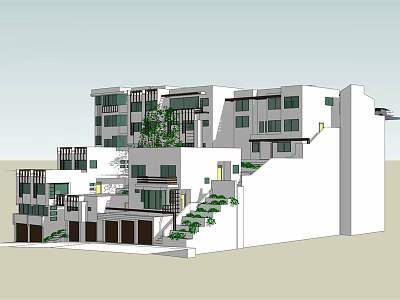 Modern Stepped Multi storey Residential Building With White Exterior Balconies And Greenery 3d model