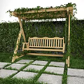 Outdoor Wooden Bench Swing With Ivy Covered Pergola Green Ivy Wall Stone Path