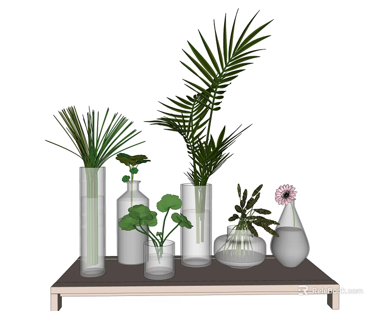 Stylish Glass and White Vases with Palm Leaves Lotus and Daisies on Table 3d model 