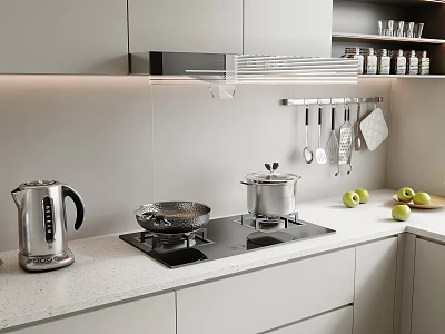 Modern Kitchen With Cookware And Utensils On White Countertop 3d model