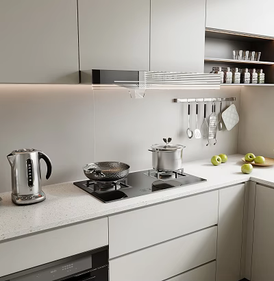 Modern Kitchen With Cookware And Utensils On White Countertop 3d model