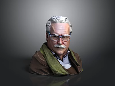 An Elderly Man With White Hair Glasses Mustache Wearing Brown Coat Green Scarf Light Shirt 3d model