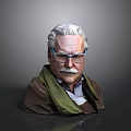 An Elderly Man With White Hair Glasses Mustache Wearing Brown Coat Green Scarf Light Shirt