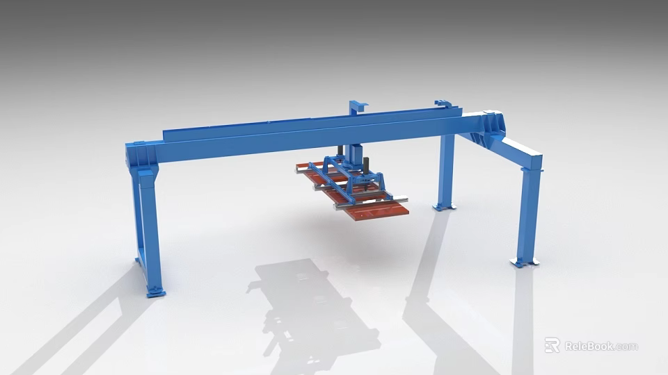 Blue Industrial Gantry Equipment With Horizontal Beam And Red Material Handling Pallet 3d model 