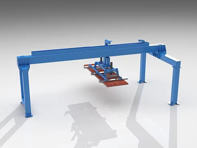 Blue Industrial Gantry Equipment With Horizontal Beam And Red Material Handling Pallet 3d model