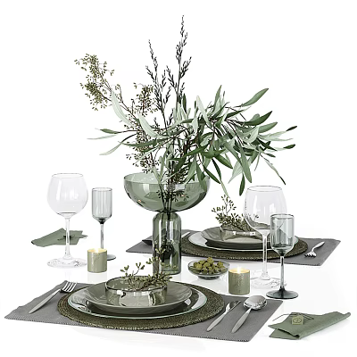 Elegant Tableware Set With Olive Branch Greenery Wine Glasses Plates Olives And Candle Holders 3d model