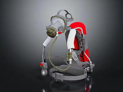Firefighting Breathing Apparatus With Face Mask Red Cylinder And Safety Harness 3d model